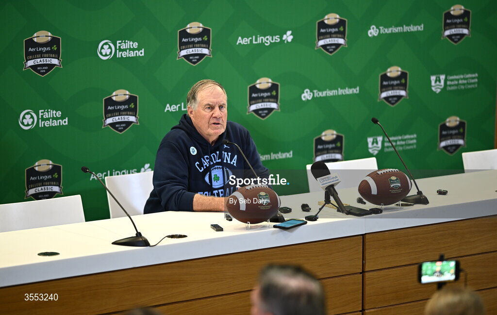 29 August 2026; North Carolina Head Coach Bill Belichick speaks in the press conference after the 2026 Aer Lingus College Football Classic match between TCU and North Carolina at the Aviva Stadium in Dublin. Photo by Seb Daly/Sportsfile