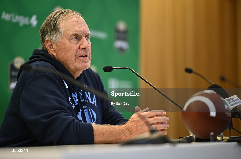 29 August 2026; North Carolina Head Coach Bill Belichick speaks in the press conference after the 2026 Aer Lingus College Football Classic match between TCU and North Carolina at the Aviva Stadium in Dublin. Photo by Seb Daly/Sportsfile