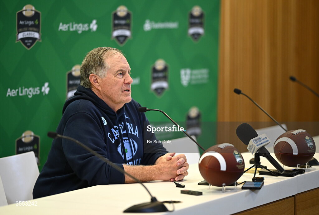 29 August 2026; North Carolina Head Coach Bill Belichick speaks in the press conference after the 2026 Aer Lingus College Football Classic match between TCU and North Carolina at the Aviva Stadium in Dublin. Photo by Seb Daly/Sportsfile