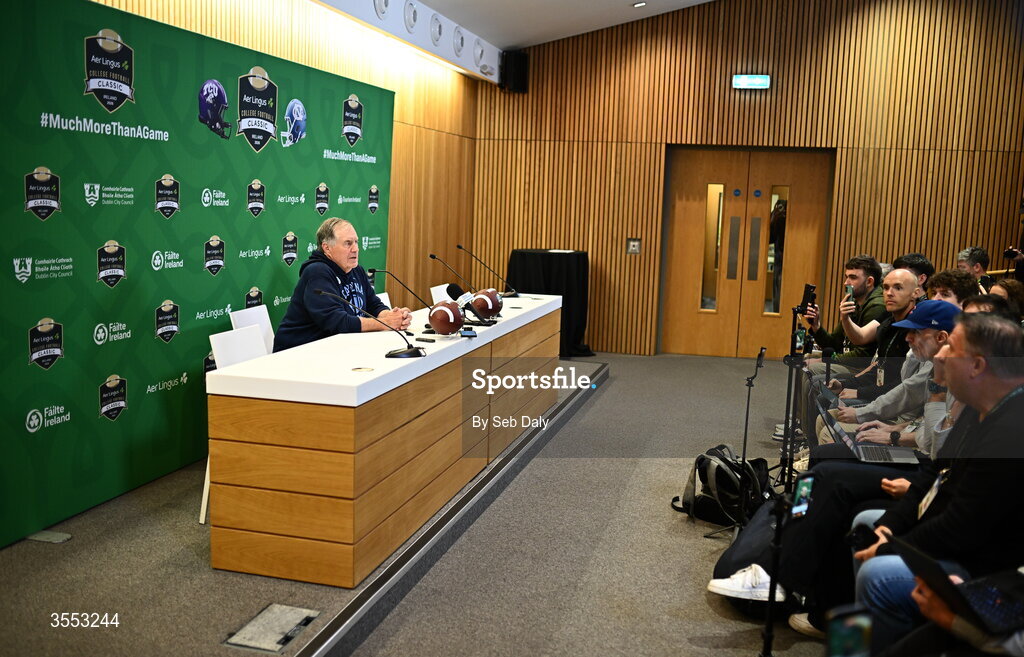 29 August 2026; North Carolina Head Coach Bill Belichick speaks in the press conference after the 2026 Aer Lingus College Football Classic match between TCU and North Carolina at the Aviva Stadium in Dublin. Photo by Seb Daly/Sportsfile