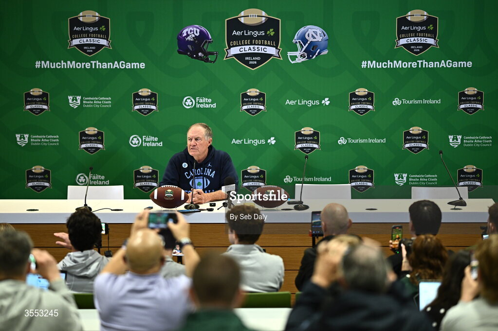 29 August 2026; North Carolina Head Coach Bill Belichick speaks in the press conference after the 2026 Aer Lingus College Football Classic match between TCU and North Carolina at the Aviva Stadium in Dublin. Photo by Seb Daly/Sportsfile