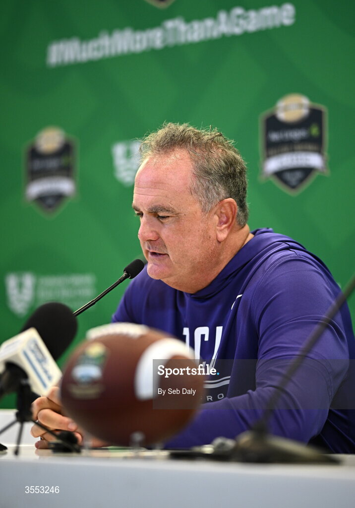 29 August 2026; TCU head coach Sonny Dykes speaks in the press conference after the 2026 Aer Lingus College Football Classic match between TCU and North Carolina at the Aviva Stadium in Dublin. Photo by Seb Daly/Sportsfile