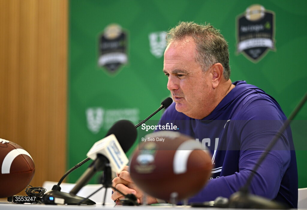 29 August 2026; TCU head coach Sonny Dykes speaks in the press conference after the 2026 Aer Lingus College Football Classic match between TCU and North Carolina at the Aviva Stadium in Dublin. Photo by Seb Daly/Sportsfile