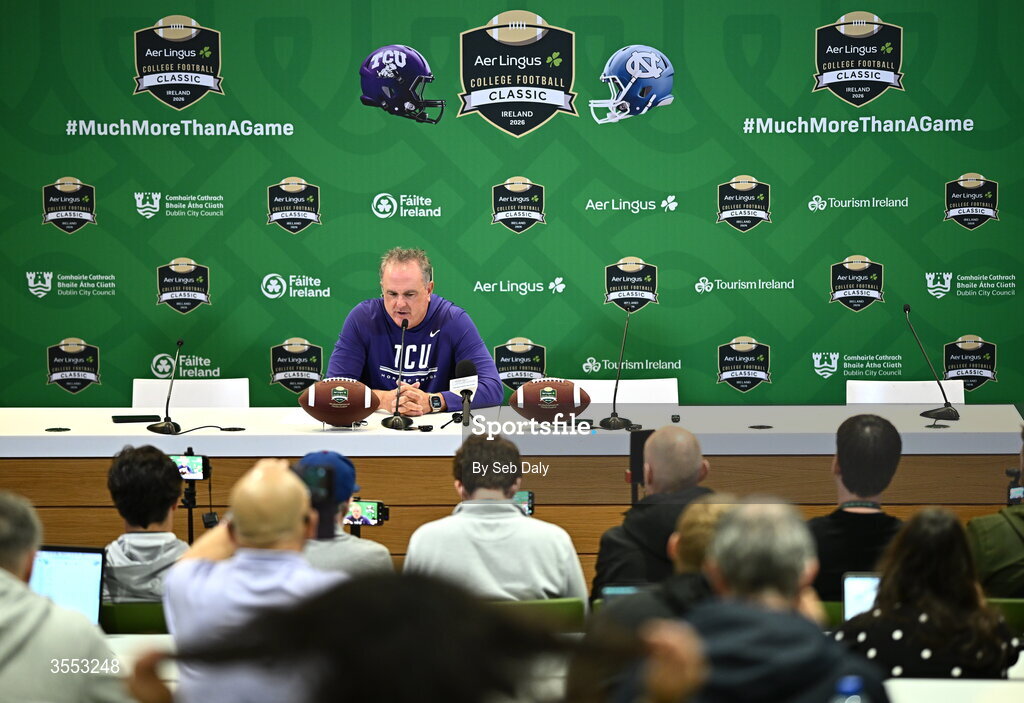 29 August 2026; TCU head coach Sonny Dykes speaks in the press conference after the 2026 Aer Lingus College Football Classic match between TCU and North Carolina at the Aviva Stadium in Dublin. Photo by Seb Daly/Sportsfile