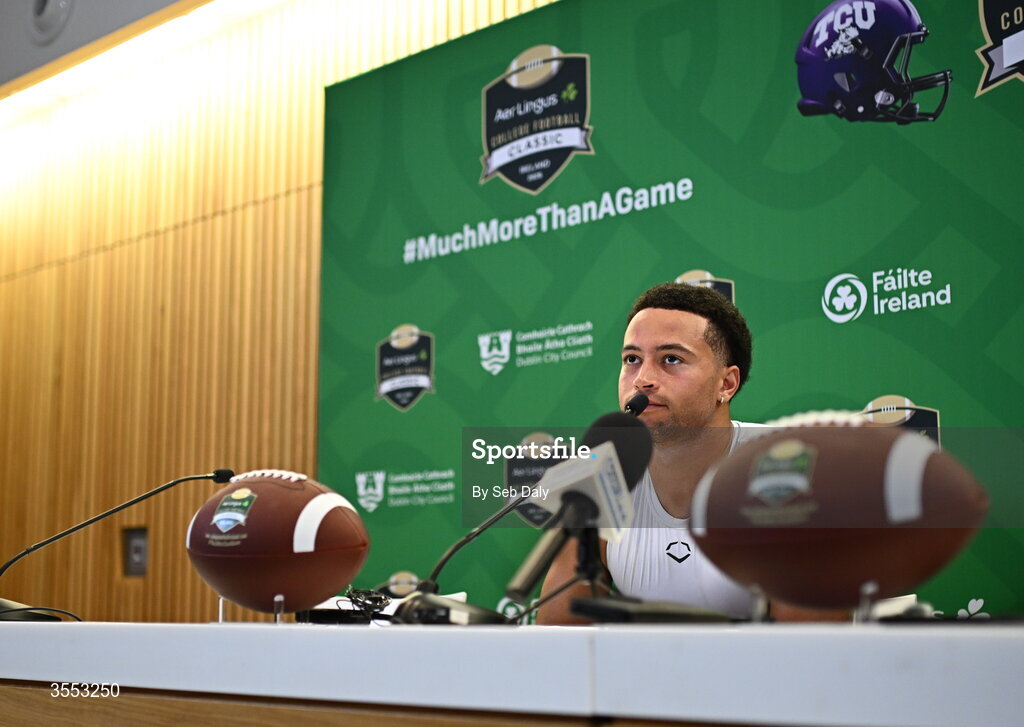 29 August 2026; TCU quarterback Jaden Craig #1 speaks in a press conference after the 2026 Aer Lingus College Football Classic match between TCU and North Carolina at the Aviva Stadium in Dublin. Photo by Seb Daly/Sportsfile