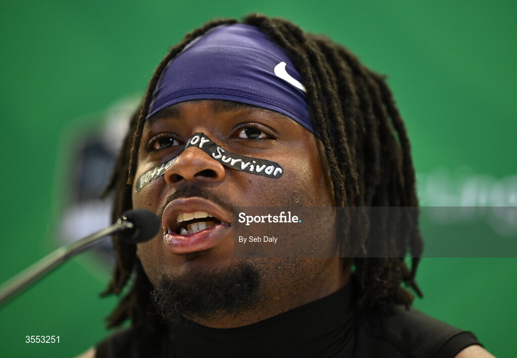 29 August 2026; TCU safety Jamel Johnson #2 speaks in a press conference after the 2026 Aer Lingus College Football Classic match between TCU and North Carolina at the Aviva Stadium in Dublin. Photo by Seb Daly/Sportsfile