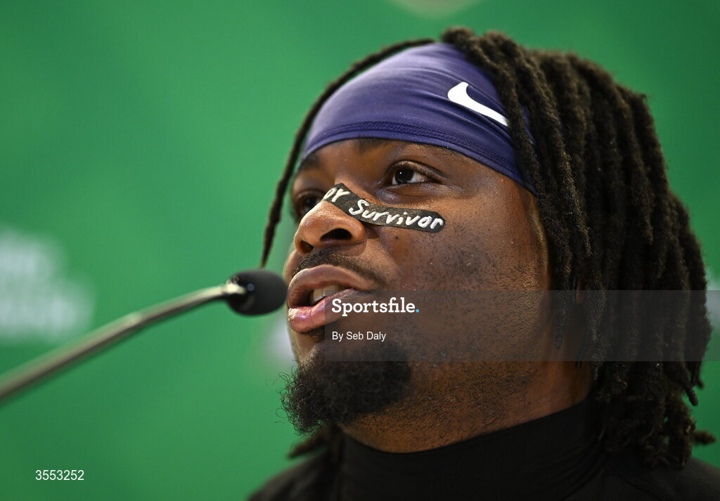 29 August 2026; TCU safety Jamel Johnson #2 speaks in a press conference after the 2026 Aer Lingus College Football Classic match between TCU and North Carolina at the Aviva Stadium in Dublin. Photo by Seb Daly/Sportsfile