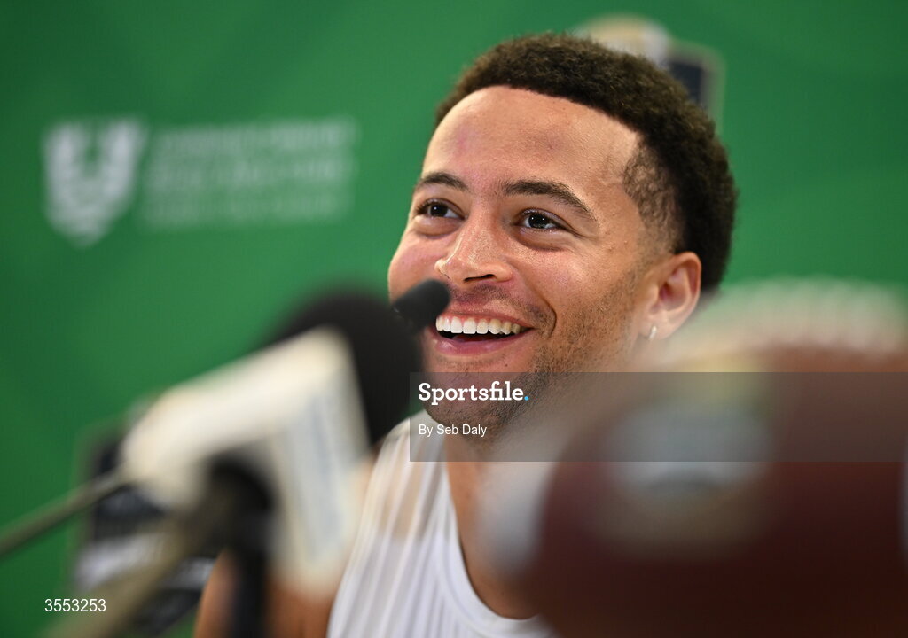 29 August 2026; TCU quarterback Jaden Craig #1 speaks in a press conference after the 2026 Aer Lingus College Football Classic match between TCU and North Carolina at the Aviva Stadium in Dublin. Photo by Seb Daly/Sportsfile