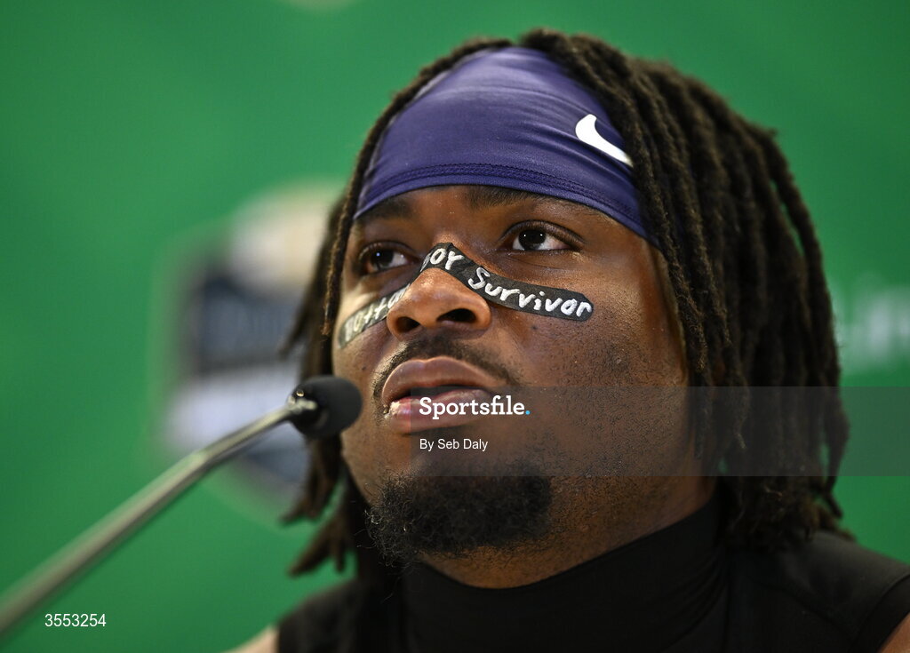 29 August 2026; TCU safety Jamel Johnson #2 speaks in a press conference after the 2026 Aer Lingus College Football Classic match between TCU and North Carolina at the Aviva Stadium in Dublin. Photo by Seb Daly/Sportsfile