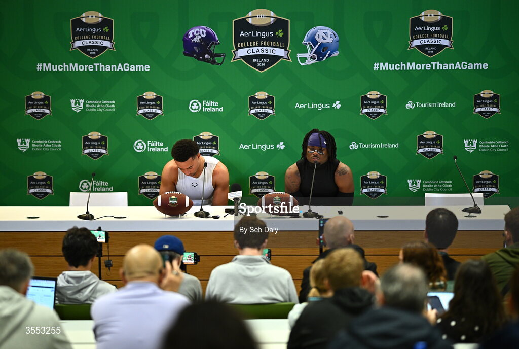 29 August 2026; TCU safety Jamel Johnson #2, right, and TCU quarterback Jaden Craig #1 in a press conference after the 2026 Aer Lingus College Football Classic match between TCU and North Carolina at the Aviva Stadium in Dublin. Photo by Seb Daly/Sportsfile