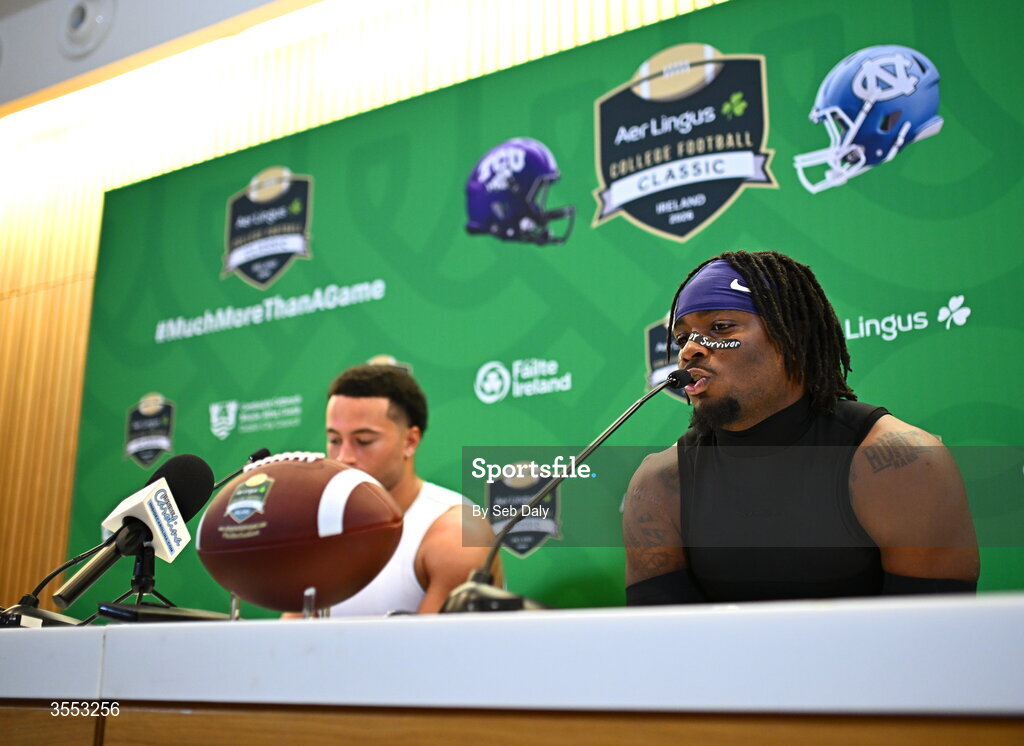 29 August 2026; TCU safety Jamel Johnson #2, right, and TCU quarterback Jaden Craig #1 in a press conference after the 2026 Aer Lingus College Football Classic match between TCU and North Carolina at the Aviva Stadium in Dublin. Photo by Seb Daly/Sportsfile