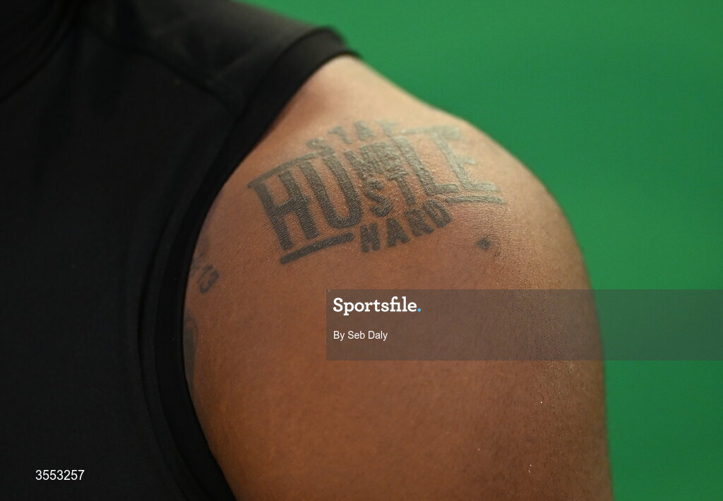 29 August 2026; A detailed view of a tattoo on TCU safety Jamel Johnson #2 in a press conference after the 2026 Aer Lingus College Football Classic match between TCU and North Carolina at the Aviva Stadium in Dublin. Photo by Seb Daly/Sportsfile