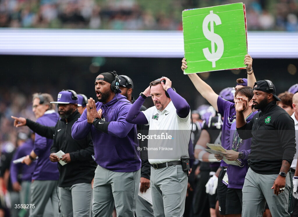 29 August 2026; TCU coaching staff during the 2026 Aer Lingus College Football Classic match between TCU and North Carolina at the Aviva Stadium in Dublin. Photo by Thomas Flinkow/Sportsfile