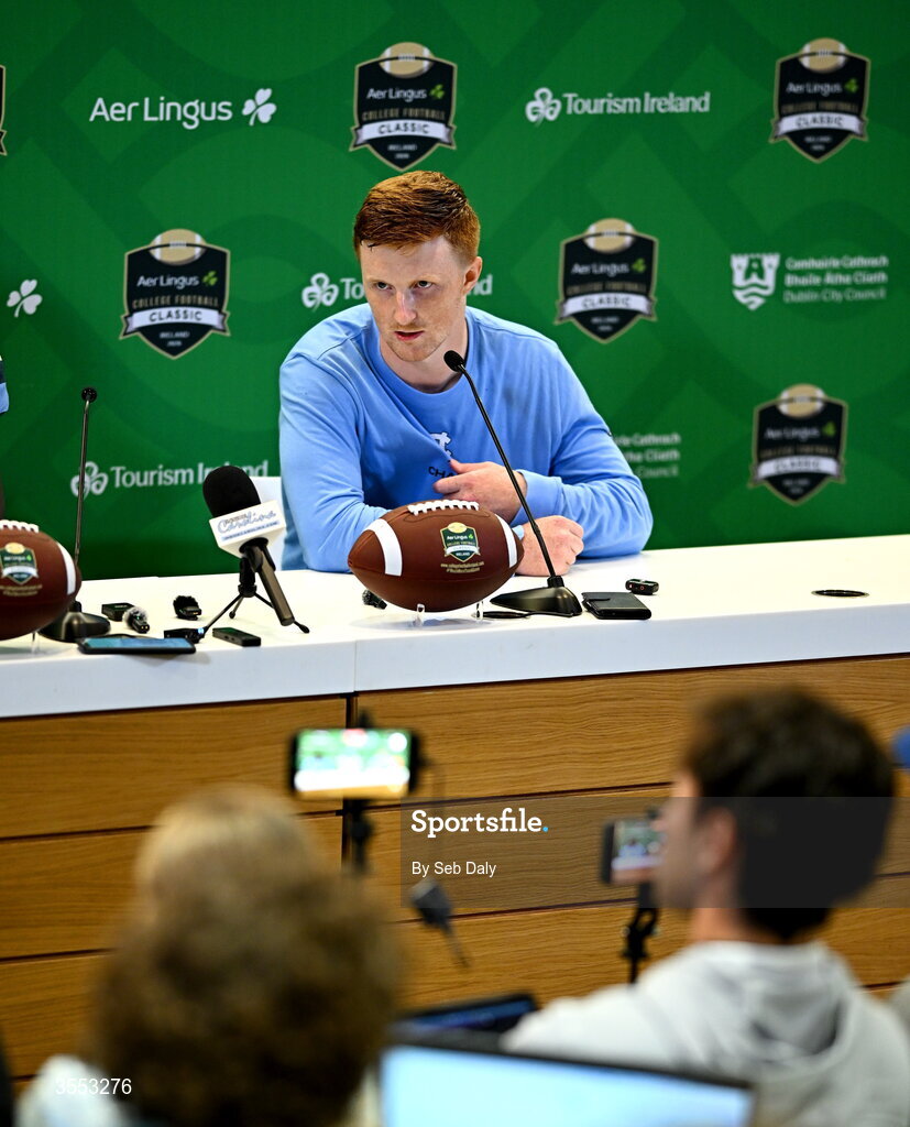 29 August 2026; North Carolina quarterback Billy Edwards Jr #9 speaks in the press conference after the 2026 Aer Lingus College Football Classic match between TCU and North Carolina at the Aviva Stadium in Dublin. Photo by Seb Daly/Sportsfile