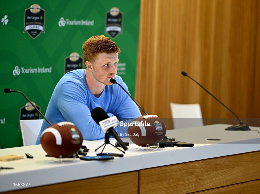 29 August 2026; North Carolina quarterback Billy Edwards Jr #9 speaks in the press conference after the 2026 Aer Lingus College Football Classic match between TCU and North Carolina at the Aviva Stadium in Dublin. Photo by Seb Daly/Sportsfile