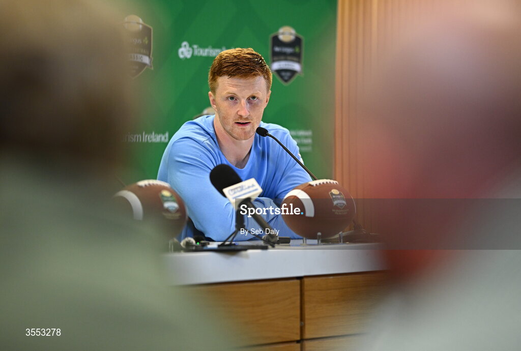 29 August 2026; North Carolina quarterback Billy Edwards Jr #9 speaks in the press conference after the 2026 Aer Lingus College Football Classic match between TCU and North Carolina at the Aviva Stadium in Dublin. Photo by Seb Daly/Sportsfile