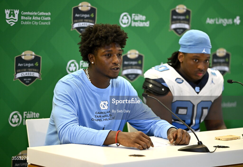 29 August 2026; North Carolina tight end Jelani Thurman #45 and North Carolina defensive lineman Xavier Lewis #90 in the press conference after the 2026 Aer Lingus College Football Classic match between TCU and North Carolina at the Aviva Stadium in Dublin. Photo by Seb Daly/Sportsfile