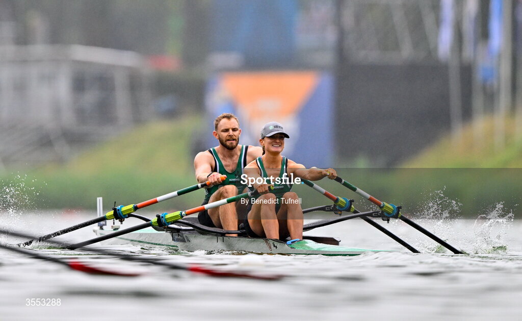 30 August 2026; Mags Cremen and Konan Pazzaia of Ireland compete in the Mixed Double Sculls Semi Final during the 2026 World Rowing Championships at Bosbaan in Amsterdam, Netherlands. Photo by Benedict Tufnell/Sportsfile