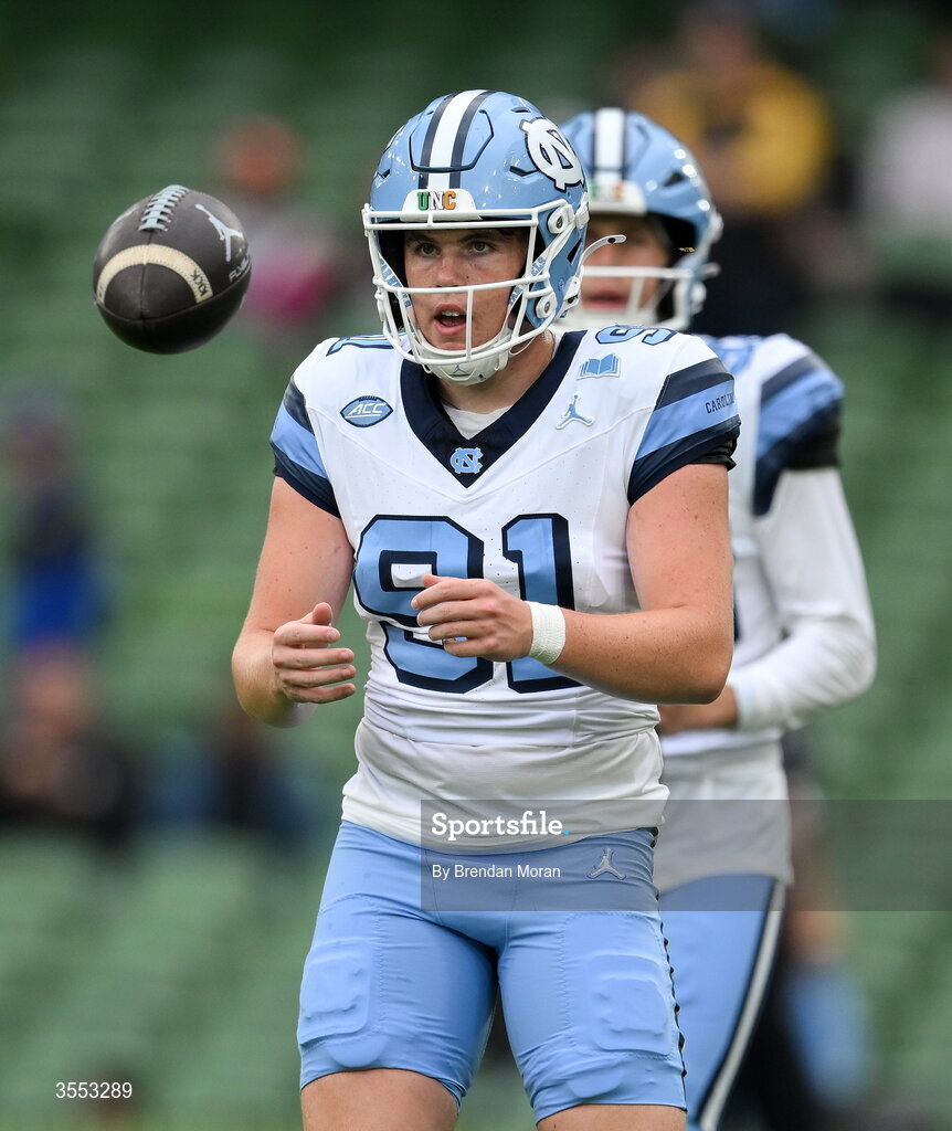 29 August 2026; North Carolina punter Adam McCann-Gibbs #91 warms up before the 2026 Aer Lingus College Football Classic match between TCU and North Carolina at the Aviva Stadium in Dublin. Photo by Brendan Moran/Sportsfile