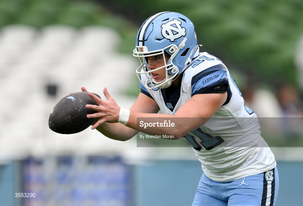 29 August 2026; North Carolina punter Adam McCann-Gibbs #91 warms up before the 2026 Aer Lingus College Football Classic match between TCU and North Carolina at the Aviva Stadium in Dublin. Photo by Brendan Moran/Sportsfile
