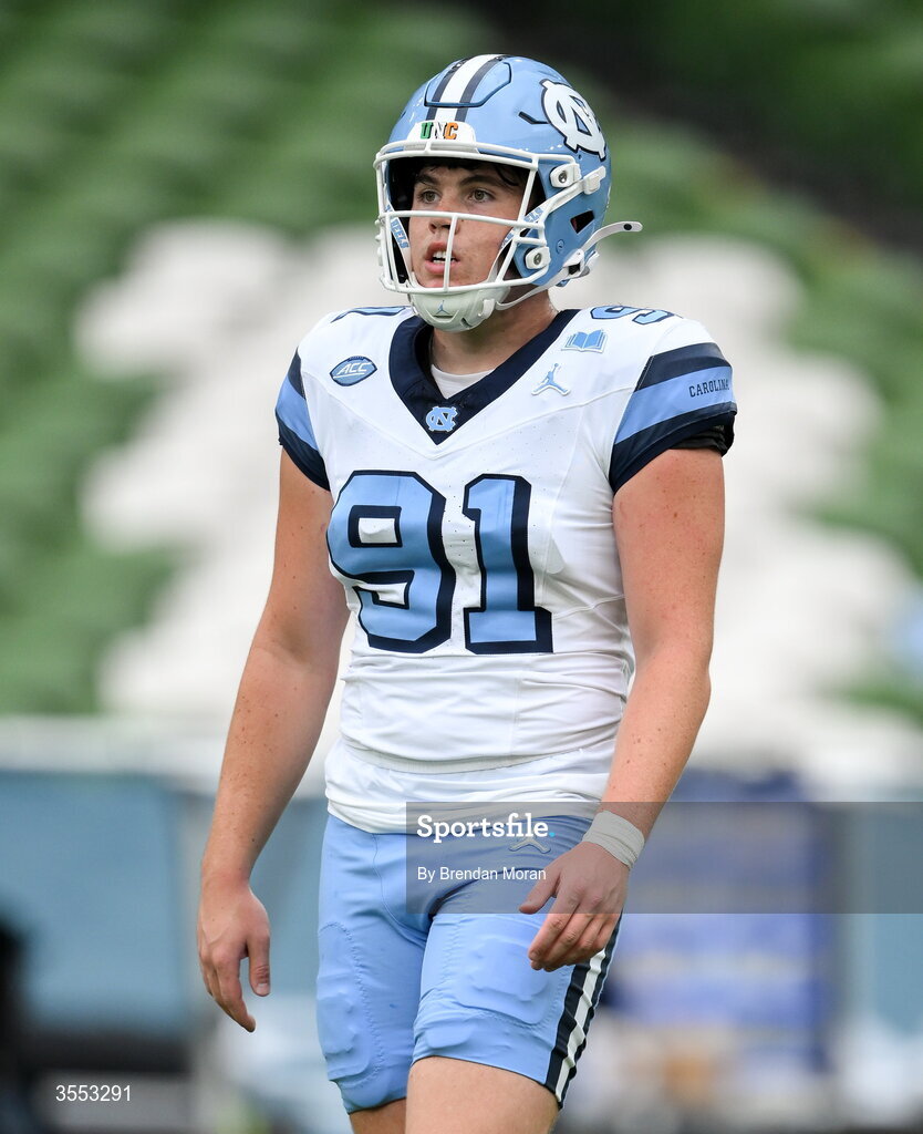 29 August 2026; North Carolina punter Adam McCann-Gibbs #91 warms up before the 2026 Aer Lingus College Football Classic match between TCU and North Carolina at the Aviva Stadium in Dublin. Photo by Brendan Moran/Sportsfile