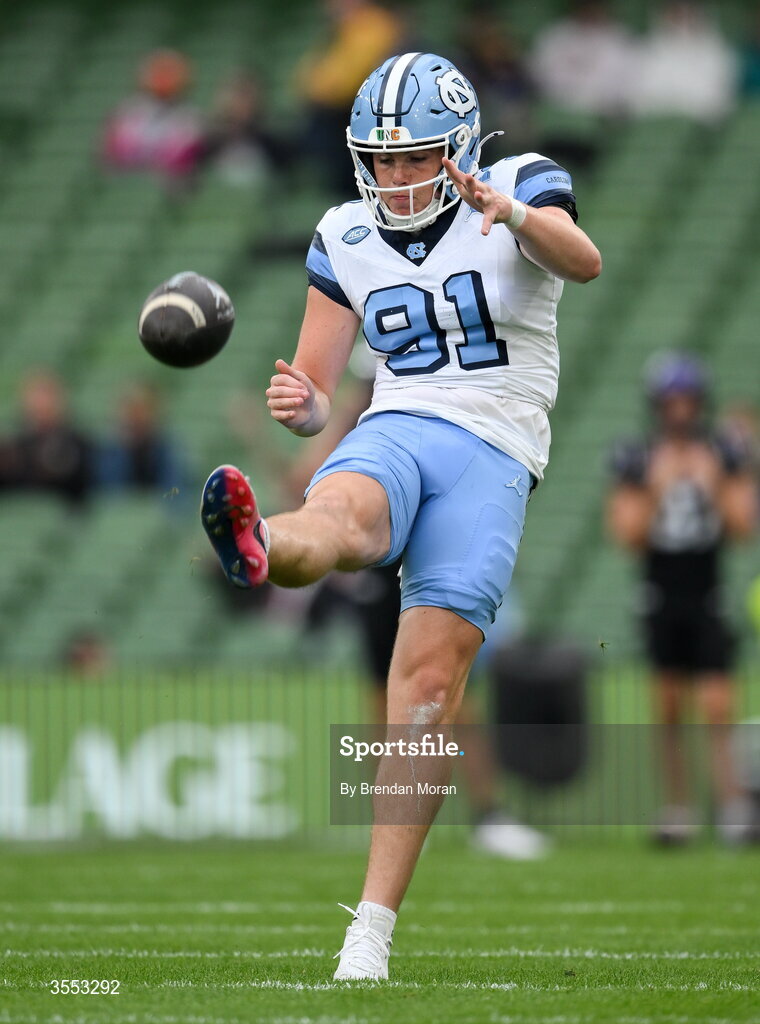 29 August 2026; North Carolina punter Adam McCann-Gibbs #91 warms up before the 2026 Aer Lingus College Football Classic match between TCU and North Carolina at the Aviva Stadium in Dublin. Photo by Brendan Moran/Sportsfile