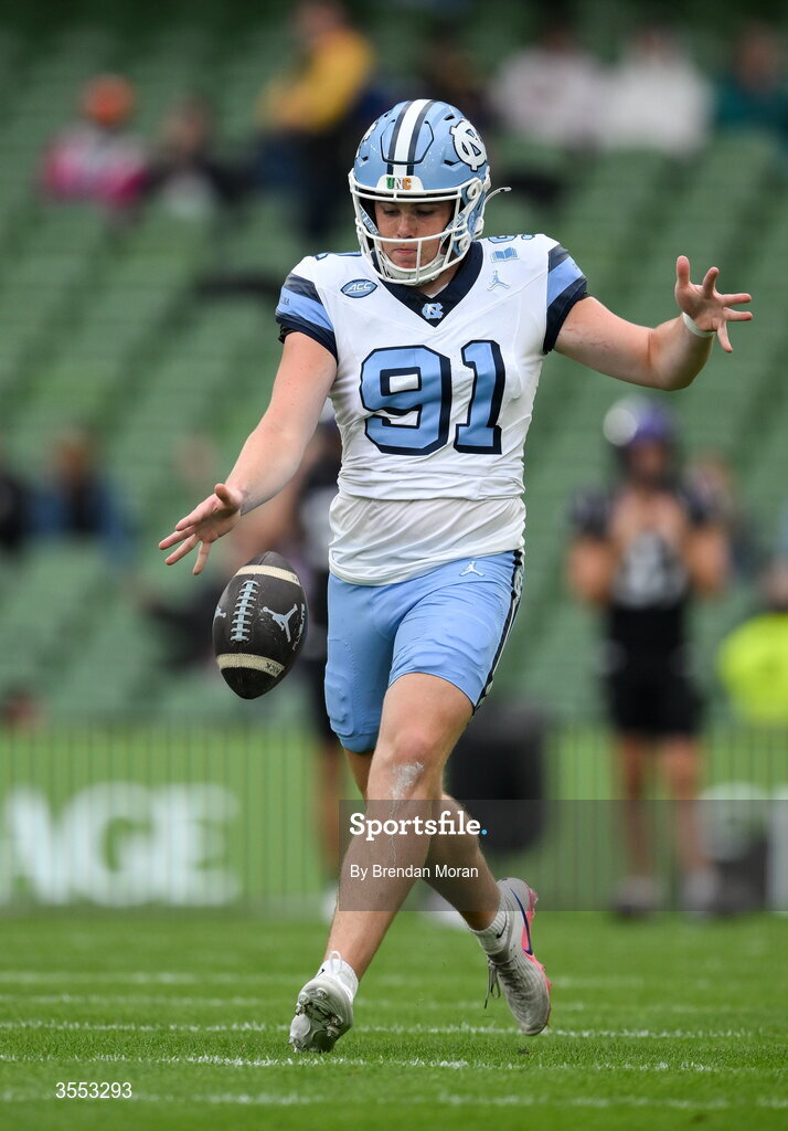 29 August 2026; North Carolina punter Adam McCann-Gibbs #91 warms up before the 2026 Aer Lingus College Football Classic match between TCU and North Carolina at the Aviva Stadium in Dublin. Photo by Brendan Moran/Sportsfile