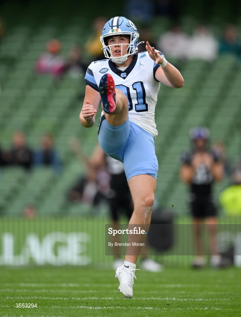 29 August 2026; North Carolina punter Adam McCann-Gibbs #91 warms up before the 2026 Aer Lingus College Football Classic match between TCU and North Carolina at the Aviva Stadium in Dublin. Photo by Brendan Moran/Sportsfile