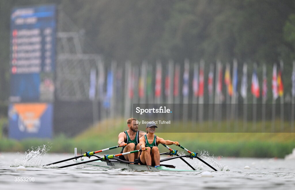 30 August 2026; Mags Cremen and Konan Pazzaia of Ireland compete in the Mixed Double Sculls Semi Final during the 2026 World Rowing Championships at Bosbaan in Amsterdam, Netherlands. Photo by Benedict Tufnell/Sportsfile