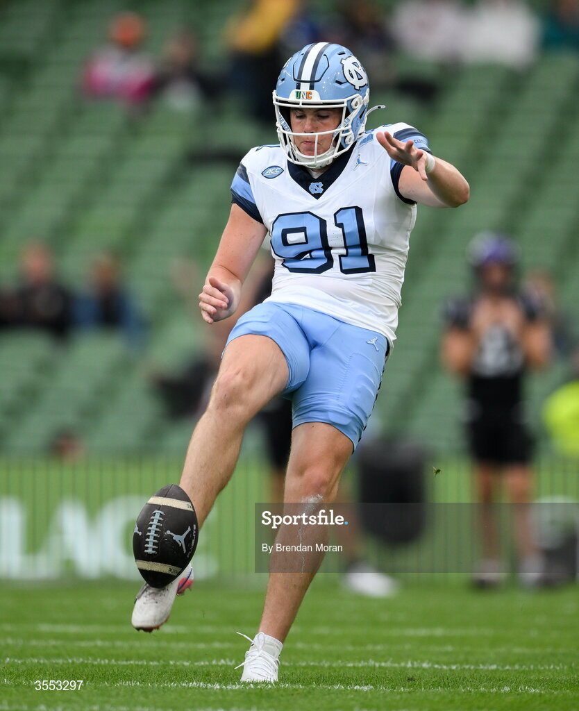 29 August 2026; North Carolina punter Adam McCann-Gibbs #91 warms up before the 2026 Aer Lingus College Football Classic match between TCU and North Carolina at the Aviva Stadium in Dublin. Photo by Brendan Moran/Sportsfile