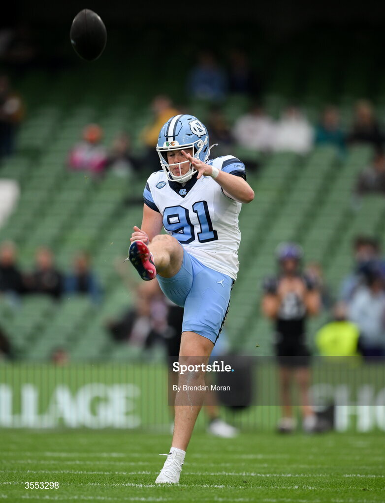 29 August 2026; North Carolina punter Adam McCann-Gibbs #91 warms up before the 2026 Aer Lingus College Football Classic match between TCU and North Carolina at the Aviva Stadium in Dublin. Photo by Brendan Moran/Sportsfile