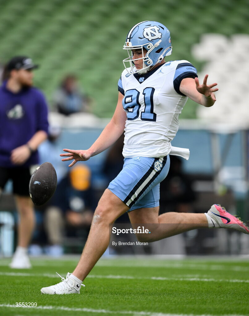 29 August 2026; North Carolina punter Adam McCann-Gibbs #91 warms up before the 2026 Aer Lingus College Football Classic match between TCU and North Carolina at the Aviva Stadium in Dublin. Photo by Brendan Moran/Sportsfile