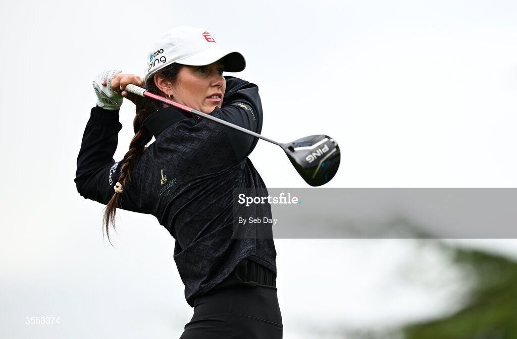 30 August 2026; Aine Donegan of Ireland watches her tee shot on the first hole during day four of the 2026 KPMG Women’s Irish Open Golf Championship at The K Club in Straffan, Kildare. Photo by Seb Daly/Sportsfile