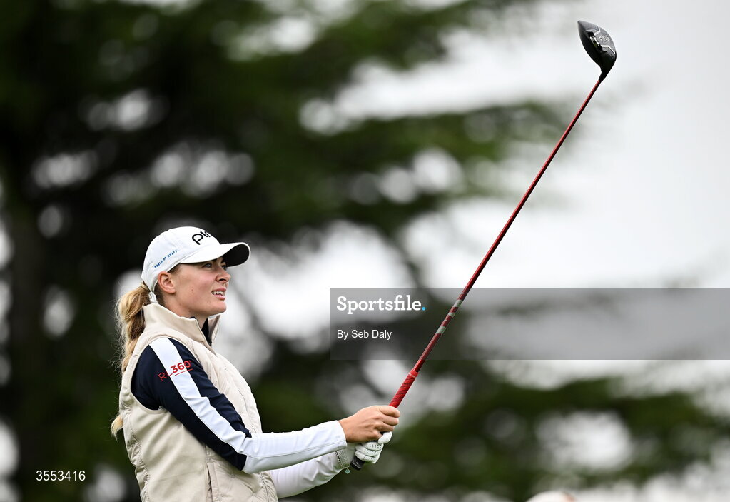 30 August 2026; Ana Dawson of Isle of Man watches her tee shot on the first hole during day four of the 2026 KPMG Women’s Irish Open Golf Championship at The K Club in Straffan, Kildare. Photo by Seb Daly/Sportsfile