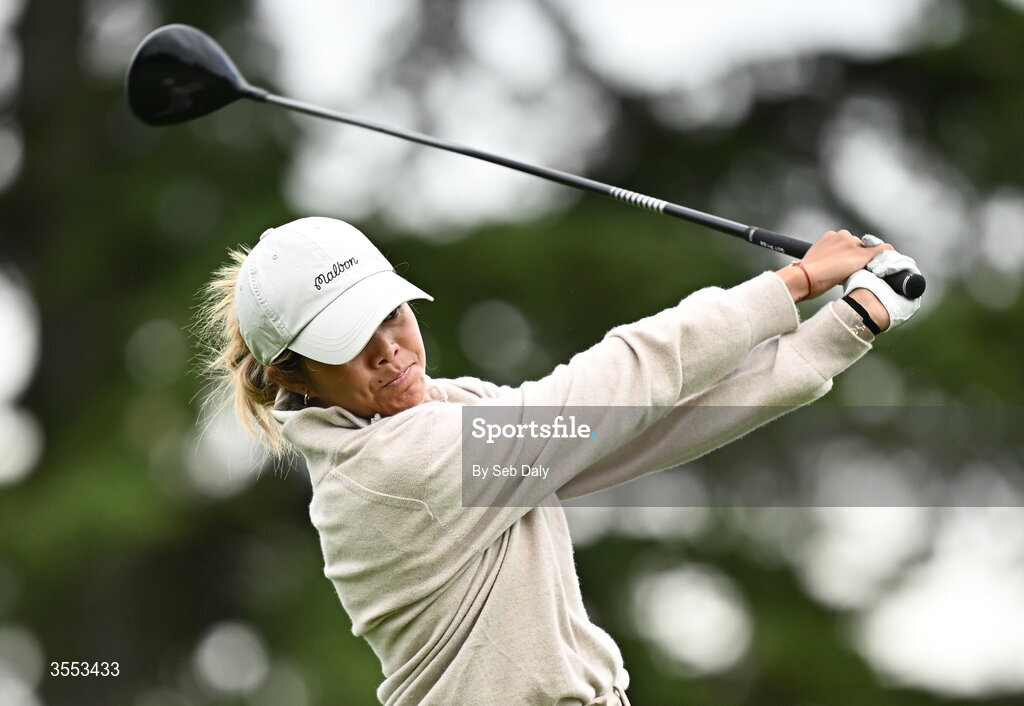 30 August 2026; Brianna Navarrosa of USA watches her tee shot on the first hole during day four of the 2026 KPMG Women’s Irish Open Golf Championship at The K Club in Straffan, Kildare. Photo by Seb Daly/Sportsfile