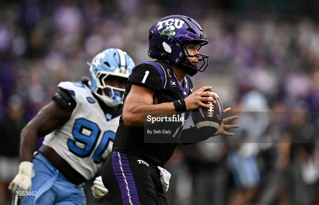 29 August 2026; TCU quarterback Jaden Craig #1 during the 2026 Aer Lingus College Football Classic match between TCU and North Carolina at the Aviva Stadium in Dublin. Photo by Seb Daly/Sportsfile