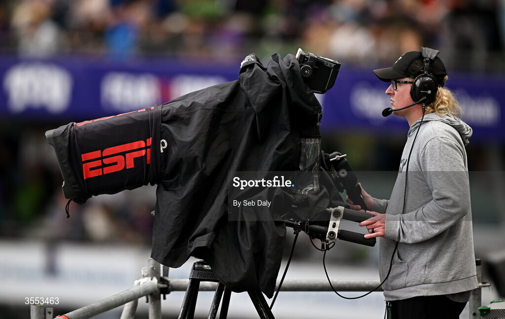 29 August 2026; A broadcast television camera during the 2026 Aer Lingus College Football Classic match between TCU and North Carolina at the Aviva Stadium in Dublin. Photo by Seb Daly/Sportsfile