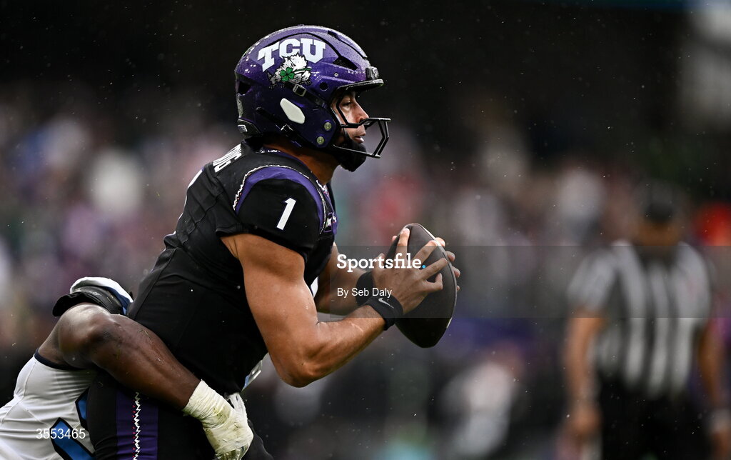29 August 2026; TCU quarterback Jaden Craig #1 during the 2026 Aer Lingus College Football Classic match between TCU and North Carolina at the Aviva Stadium in Dublin. Photo by Seb Daly/Sportsfile
