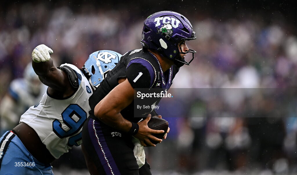 29 August 2026; TCU quarterback Jaden Craig #1 during the 2026 Aer Lingus College Football Classic match between TCU and North Carolina at the Aviva Stadium in Dublin. Photo by Seb Daly/Sportsfile