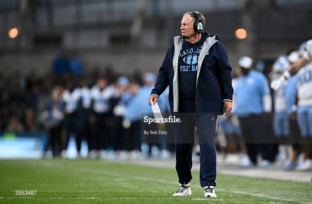 29 August 2026; North Carolina Head Coach Bill Belichick during the 2026 Aer Lingus College Football Classic match between TCU and North Carolina at the Aviva Stadium in Dublin. Photo by Seb Daly/Sportsfile