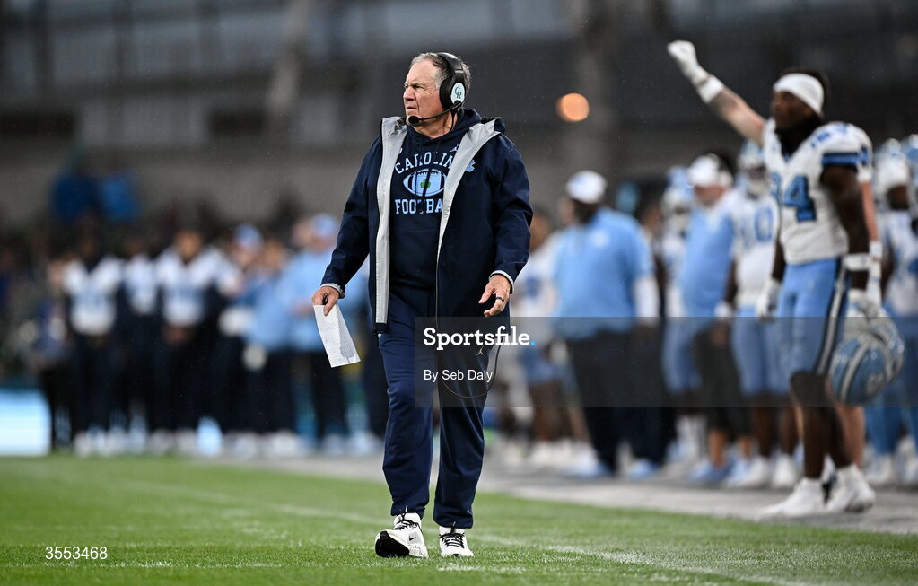 29 August 2026; North Carolina Head Coach Bill Belichick during the 2026 Aer Lingus College Football Classic match between TCU and North Carolina at the Aviva Stadium in Dublin. Photo by Seb Daly/Sportsfile