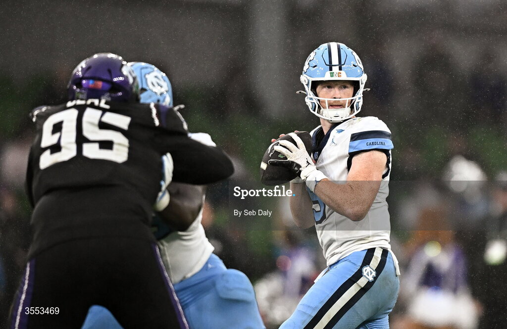 29 August 2026; North Carolina quarterback Billy Edwards Jr #9 during the 2026 Aer Lingus College Football Classic match between TCU and North Carolina at the Aviva Stadium in Dublin. Photo by Seb Daly/Sportsfile