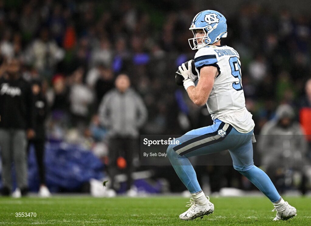 29 August 2026; North Carolina quarterback Billy Edwards Jr #9 during the 2026 Aer Lingus College Football Classic match between TCU and North Carolina at the Aviva Stadium in Dublin. Photo by Seb Daly/Sportsfile