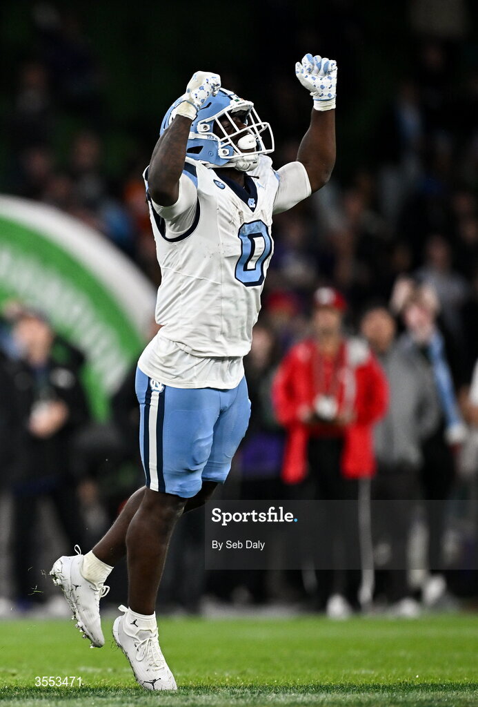 29 August 2026; North Carolina running back Demon June #0 celebrates during the 2026 Aer Lingus College Football Classic match between TCU and North Carolina at the Aviva Stadium in Dublin. Photo by Seb Daly/Sportsfile