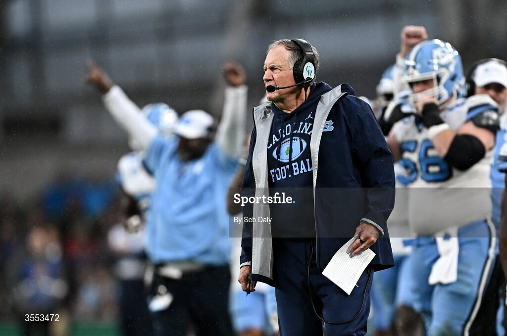 29 August 2026; North Carolina Head Coach Bill Belichick during the 2026 Aer Lingus College Football Classic match between TCU and North Carolina at the Aviva Stadium in Dublin. Photo by Seb Daly/Sportsfile
