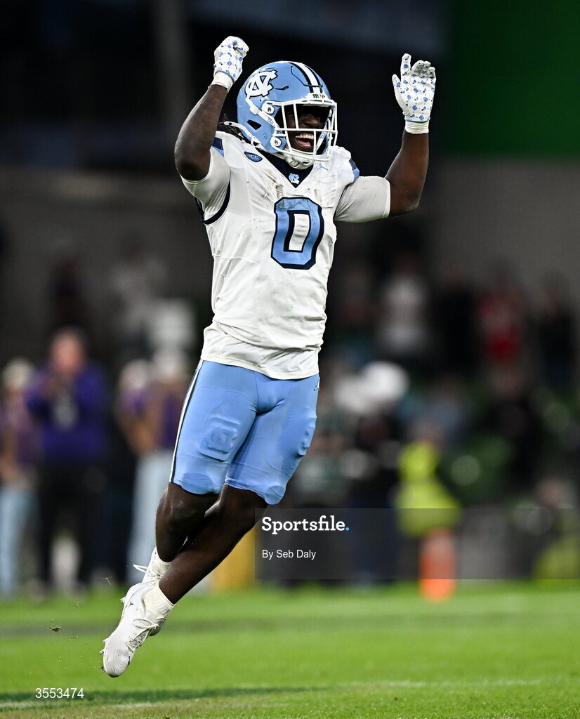 29 August 2026; North Carolina running back Demon June #0 celebrates during the 2026 Aer Lingus College Football Classic match between TCU and North Carolina at the Aviva Stadium in Dublin. Photo by Seb Daly/Sportsfile