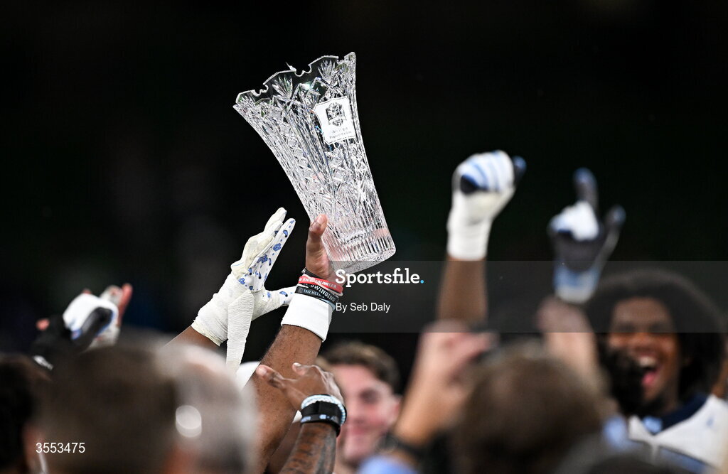 29 August 2026; North Carolina players celebrate with the trophy after the 2026 Aer Lingus College Football Classic match between TCU and North Carolina at the Aviva Stadium in Dublin. Photo by Seb Daly/Sportsfile
