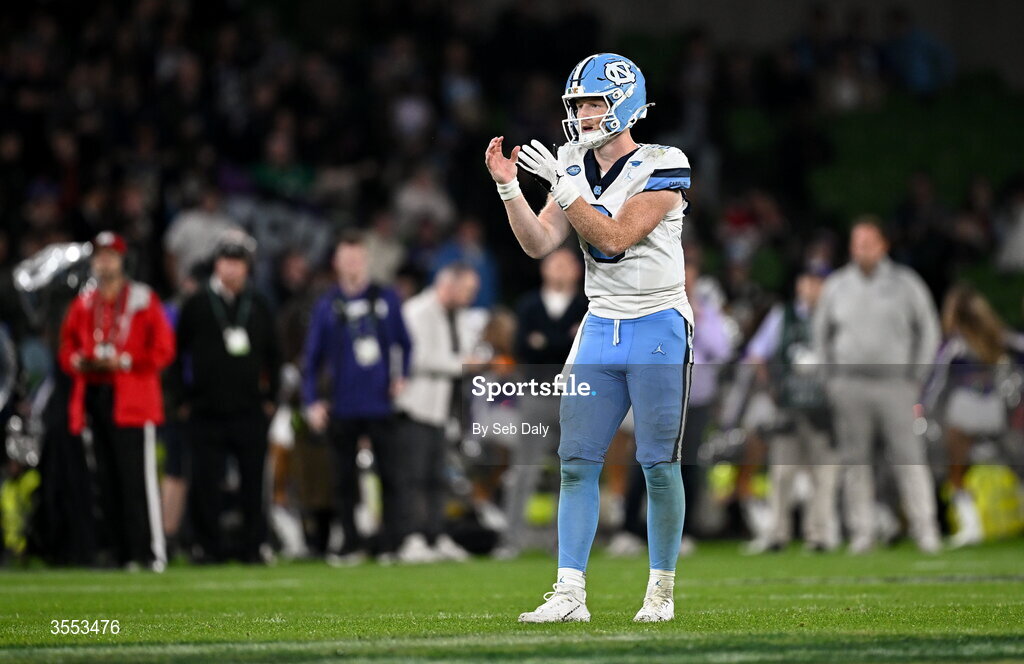 29 August 2026; North Carolina quarterback Billy Edwards Jr #9 during the 2026 Aer Lingus College Football Classic match between TCU and North Carolina at the Aviva Stadium in Dublin. Photo by Seb Daly/Sportsfile