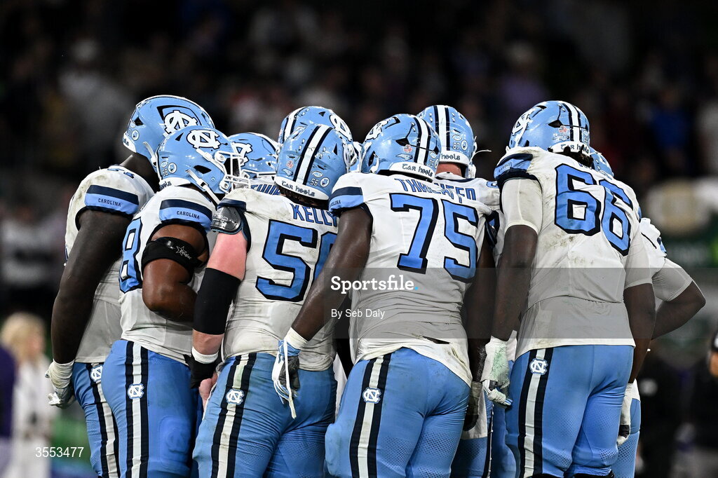 29 August 2026; North Carolina players during the 2026 Aer Lingus College Football Classic match between TCU and North Carolina at the Aviva Stadium in Dublin. Photo by Seb Daly/Sportsfile