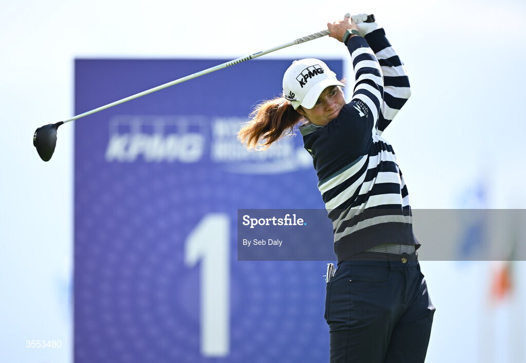 30 August 2026; Leona Maguire of Ireland watches her tee shot on the first hole during day four of the 2026 KPMG Women’s Irish Open Golf Championship at The K Club in Straffan, Kildare. Photo by Seb Daly/Sportsfile